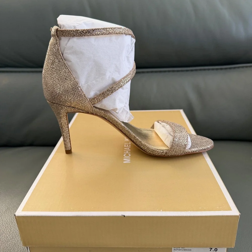 Michael Kors Ava Mid Sandal Glitter Mesh Rose Gold Sand 7M 40F9AVMA3D